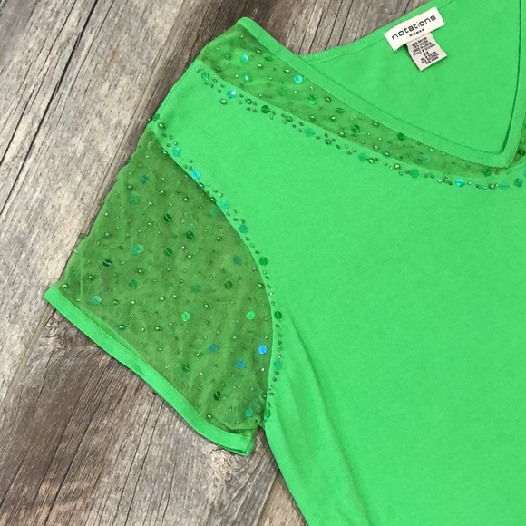 Notations Woman bright green embellished sequin mesh sleeve sweater top - Picture 4 of 10